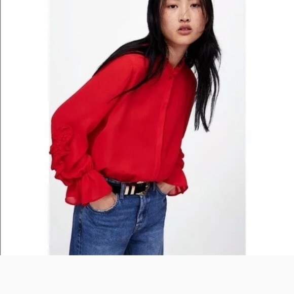 ZARA Women's Pre-owned Ruffles Collar Blouse(Red, US M / EUR M) - Picture 4 of 10